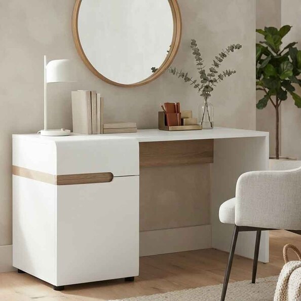 Cheya High Gloss Dressing Table with 1 Door in White and Truffle Oak